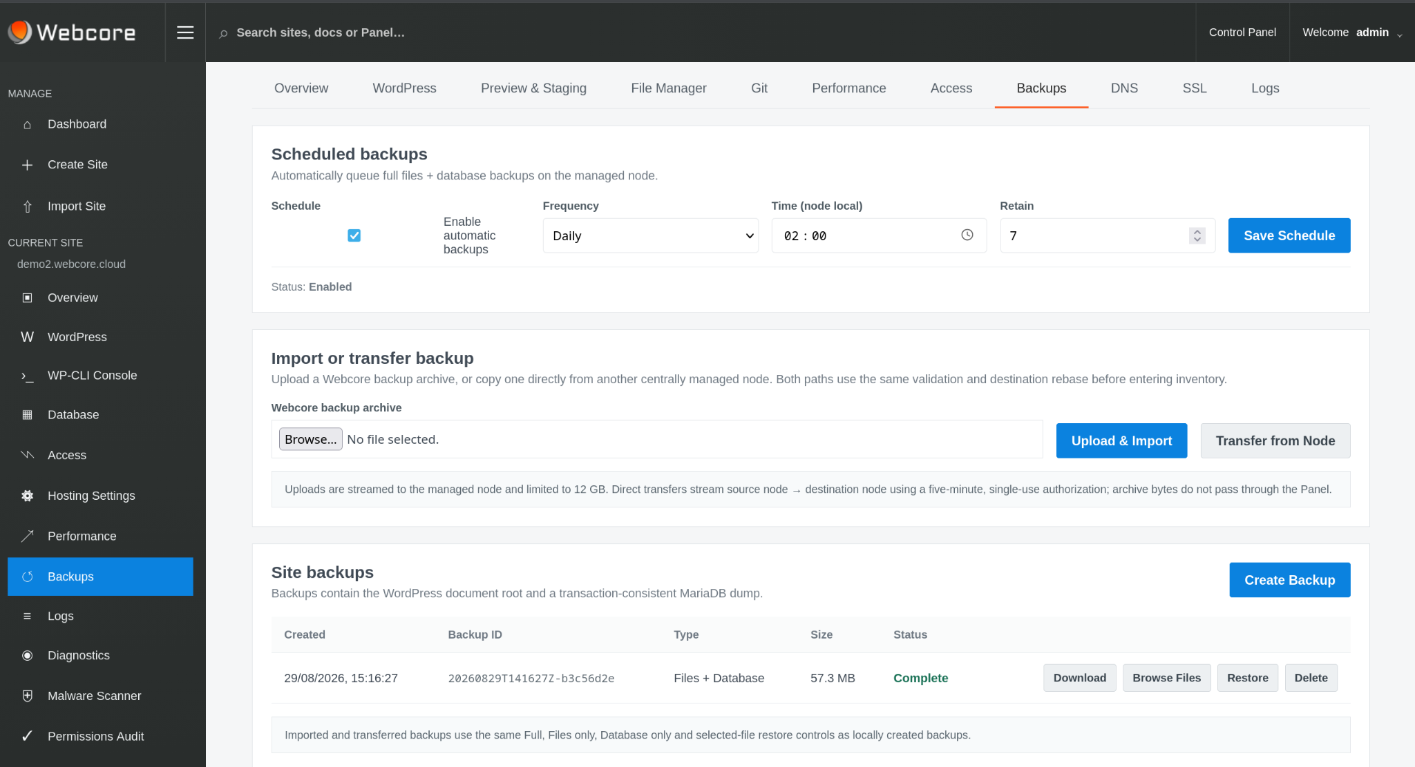 Webcore Panel Backups page showing schedule controls and a completed files and database backup