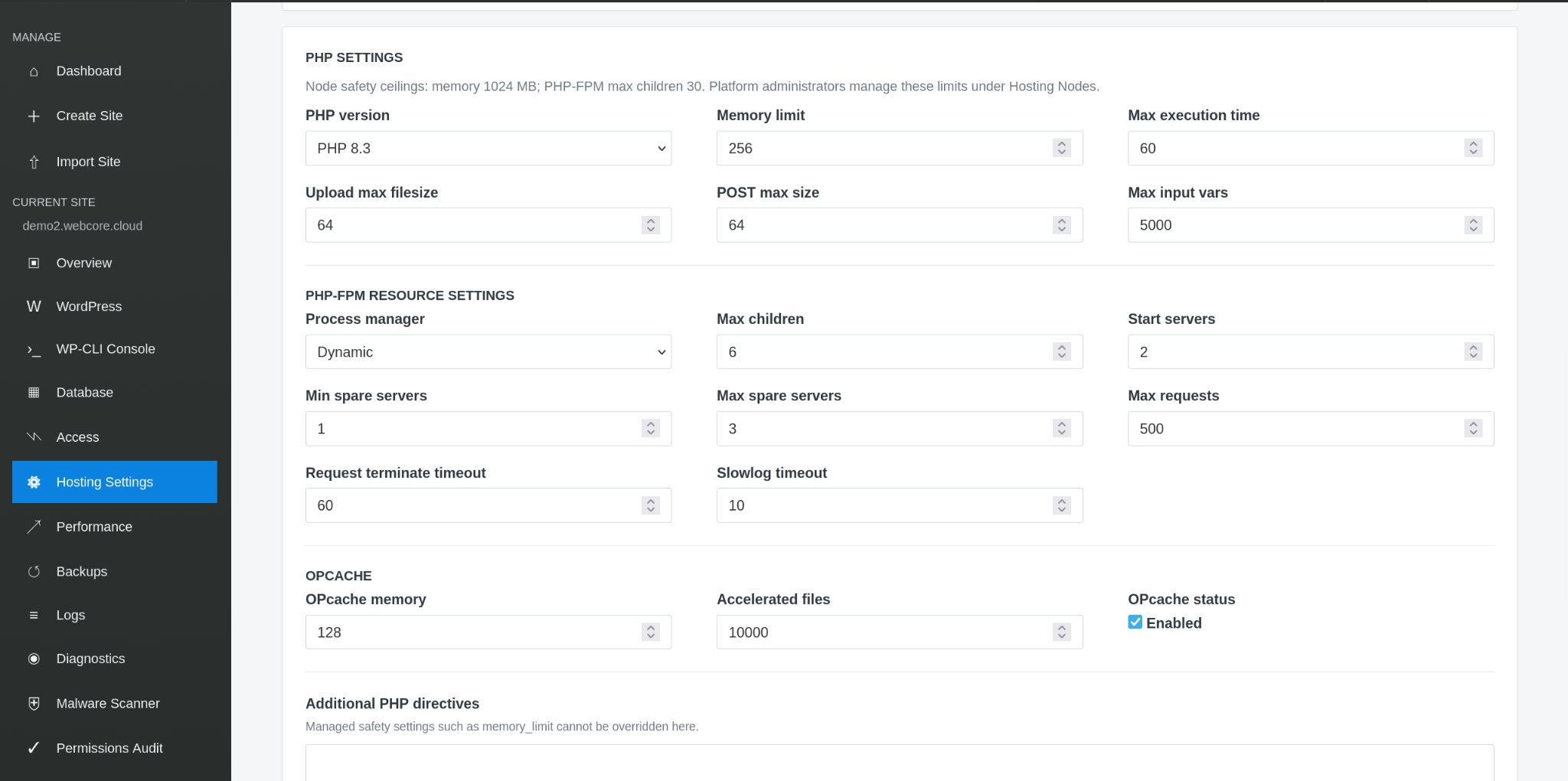 Webcore Panel controls for an enterprise WordPress workload on managed infrastructure